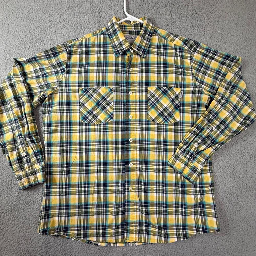 Carhartt Mens XL Plaid Button Up Long Sleeve Shirt Yellow Blue Green